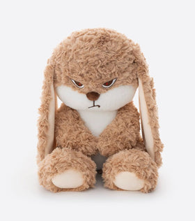 ZEIO grumpy bunny plush face close-up with long ears for comforting hugs