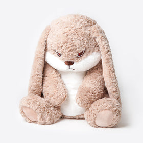 ZEIO Grumpy Bunny plush full view showing inviting cuddly presence.