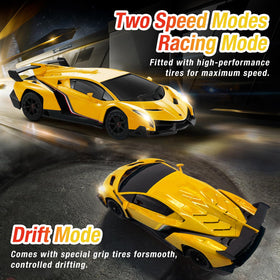 Interchangeable drift and rubber tires adapt to indoor slides and outdoor racing.