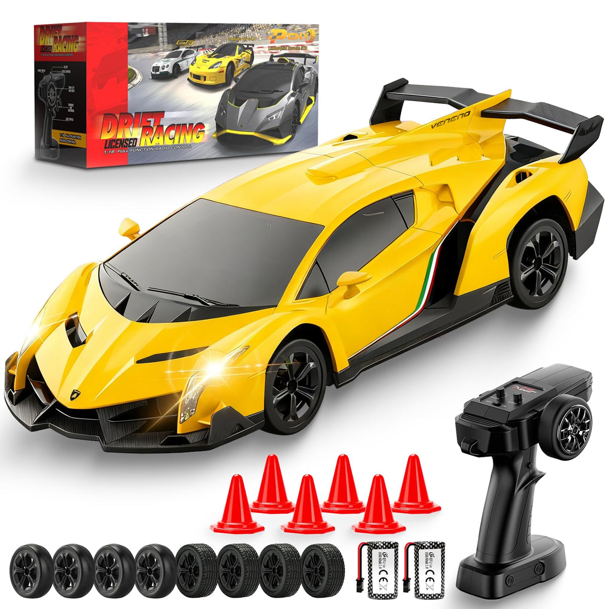 Zeltri Lamborghini RC drift car with LED headlights for immersive night play.