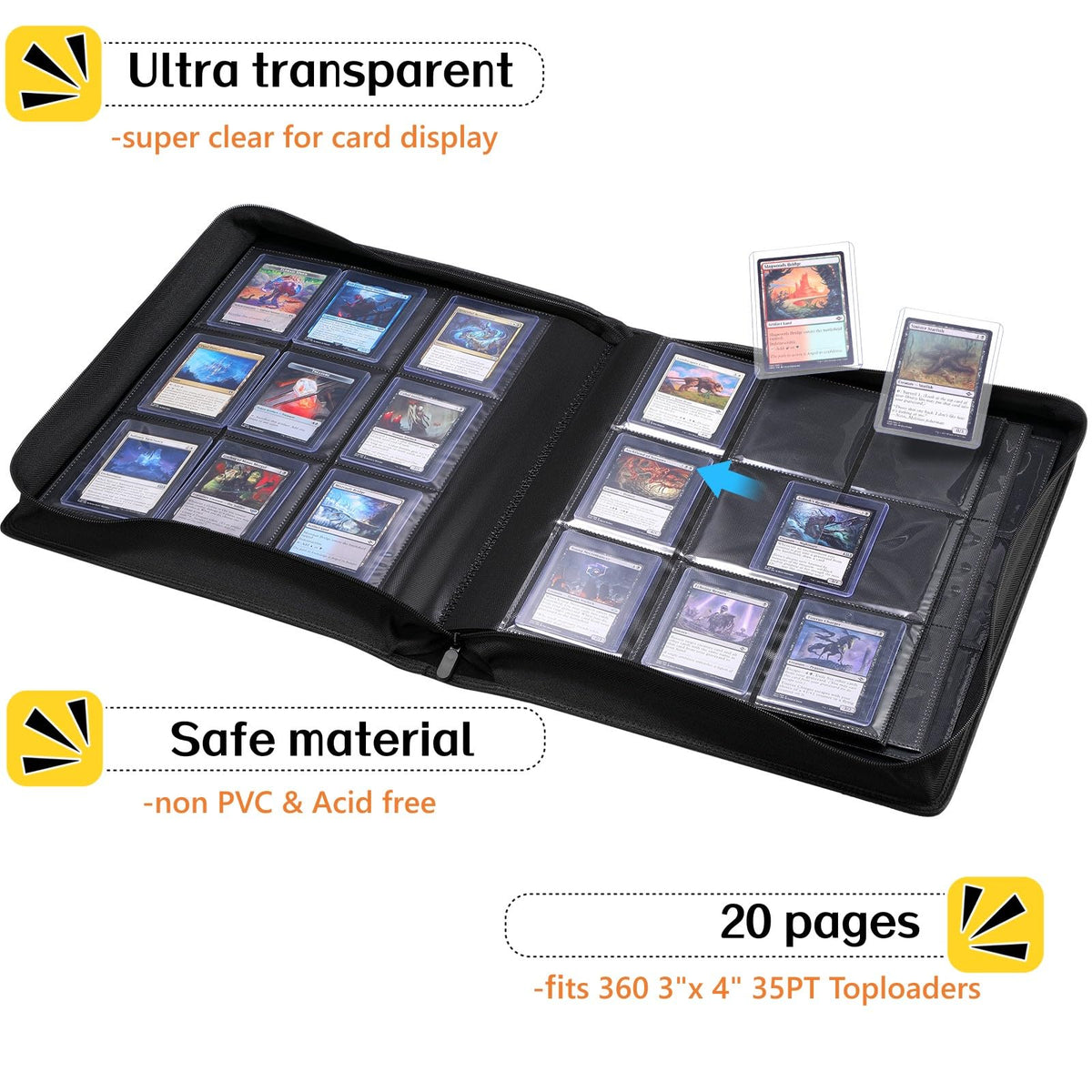 ZENACCE 360-toploaders inside pages provide ample space for valuable cards.
