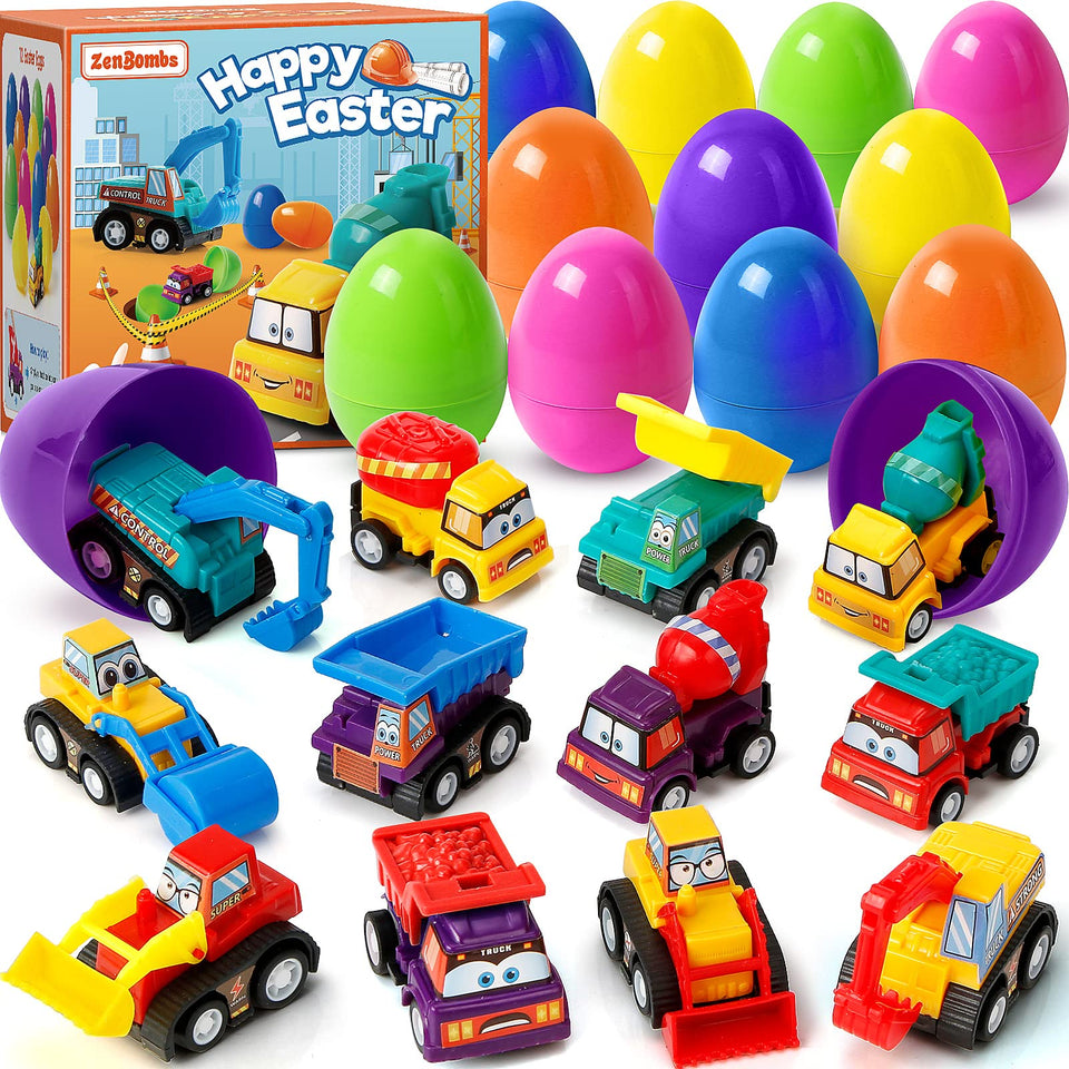 ZenBombs 12 plastic Easter eggs with pull-back vehicles for exciting egg hunts.