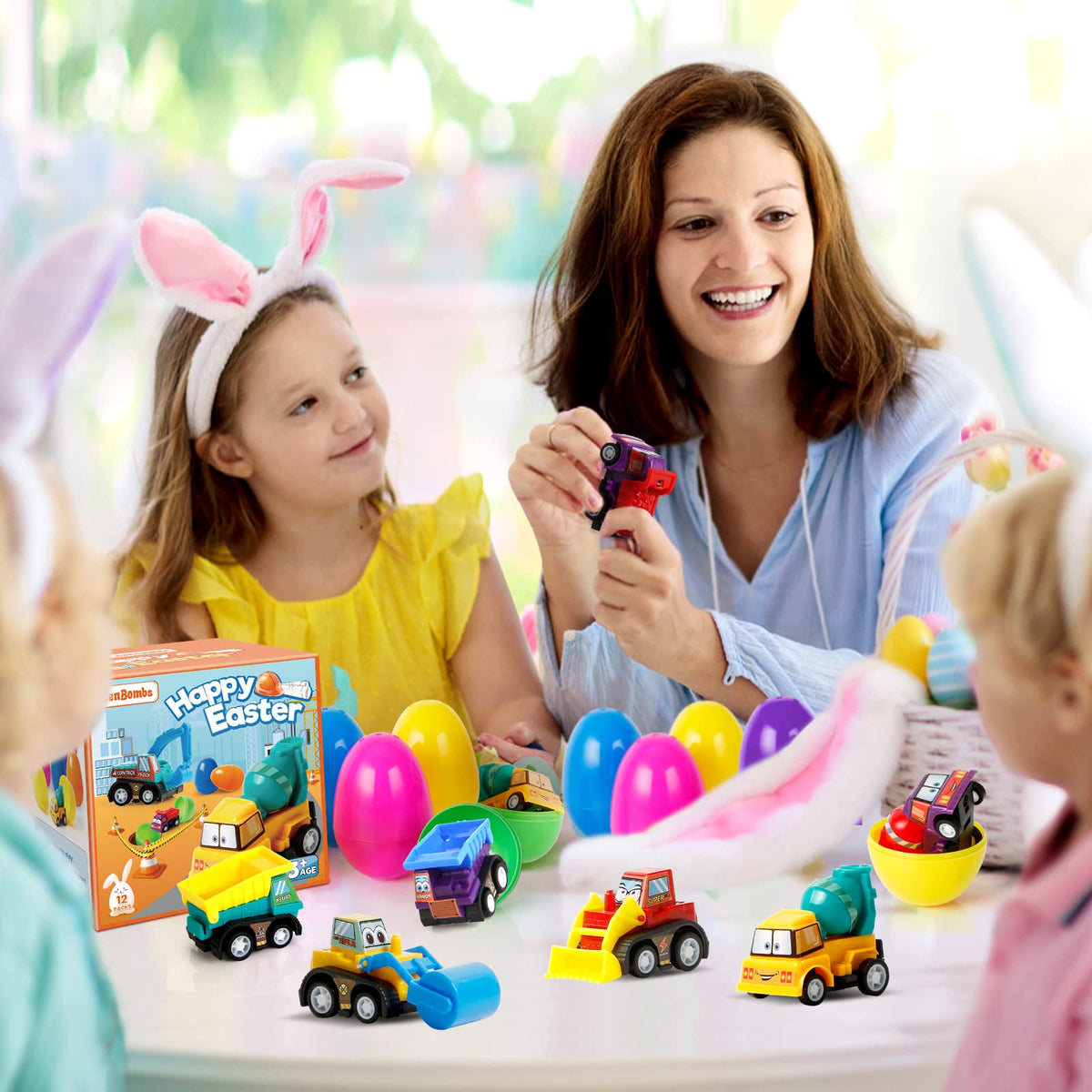 Pull-back construction vehicles spark imaginative play with ZenBombs eggs.