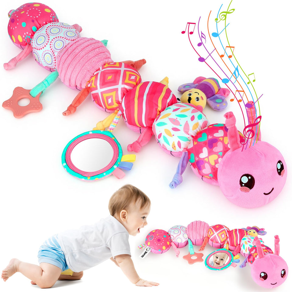 Zendstanding baby caterpillar toy packaging highlights 6-in-1 sensory features
