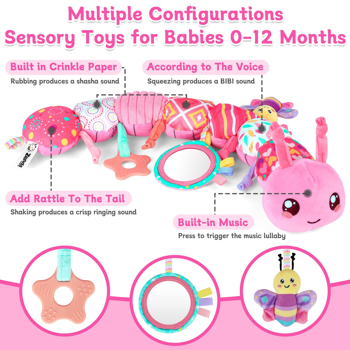 Zendstanding caterpillar toy with rattle on-the-go play