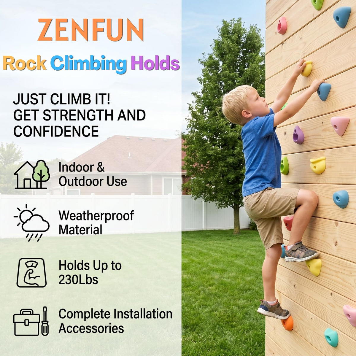 ZENFUN family-friendly holds supporting up to 230 lbs for shared climbing