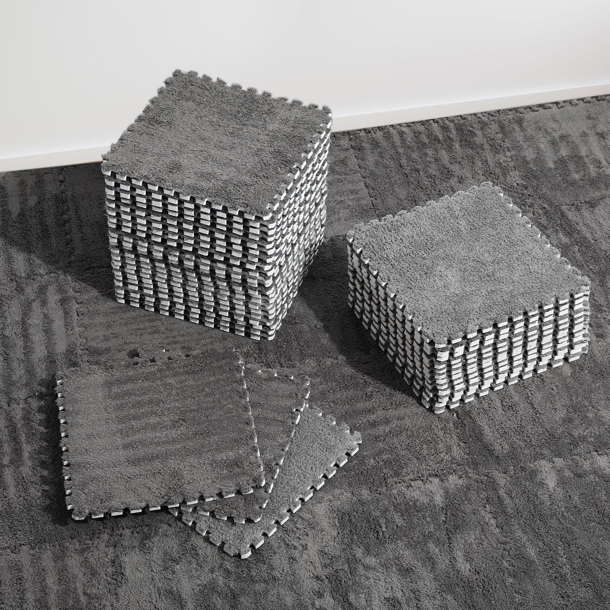 ZENOWICK plush interlocking carpet tiles grey overview create a soft, safe toddler play area