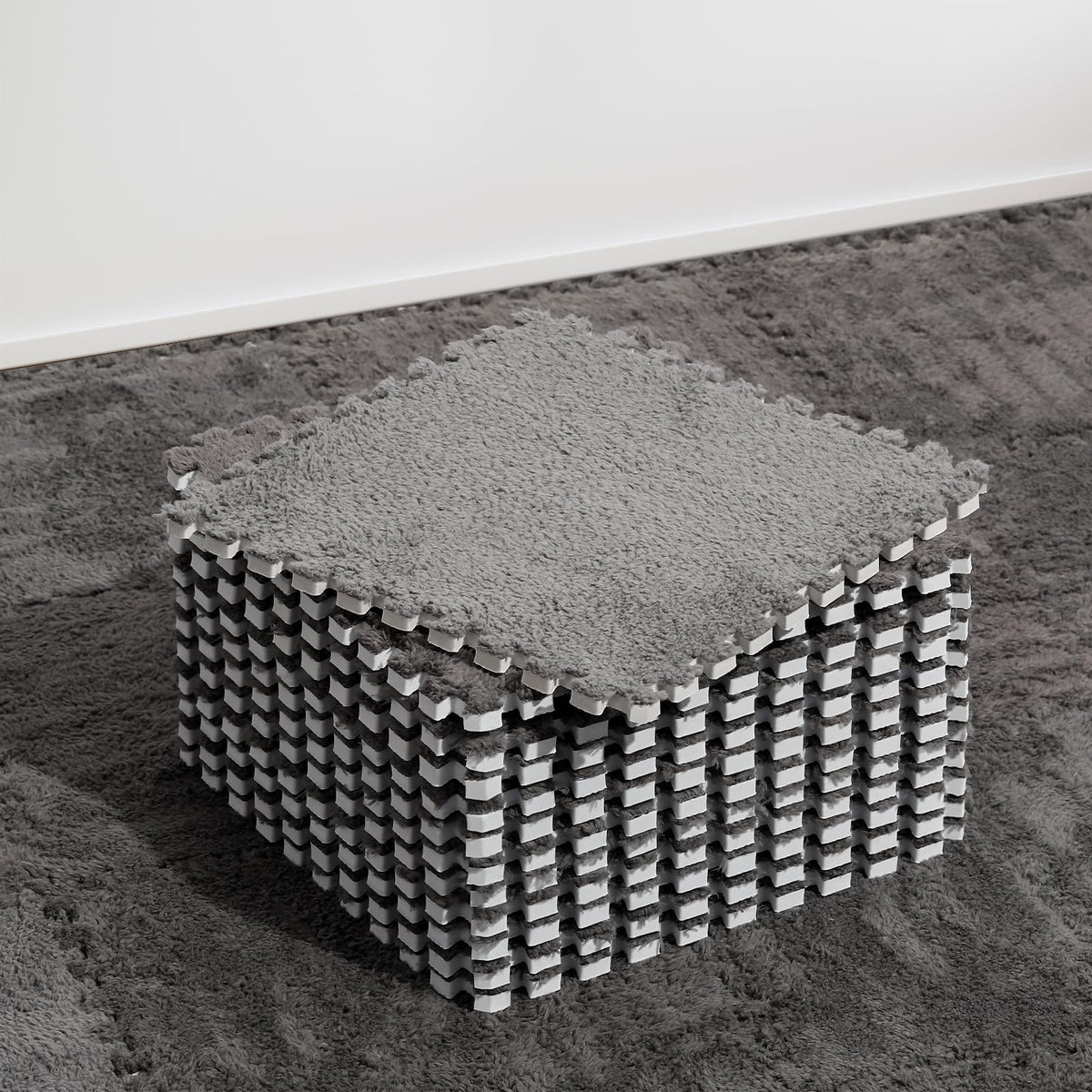 ZENOWICK plush interlocking tile gray assembly showcases safe cushioned play zone.