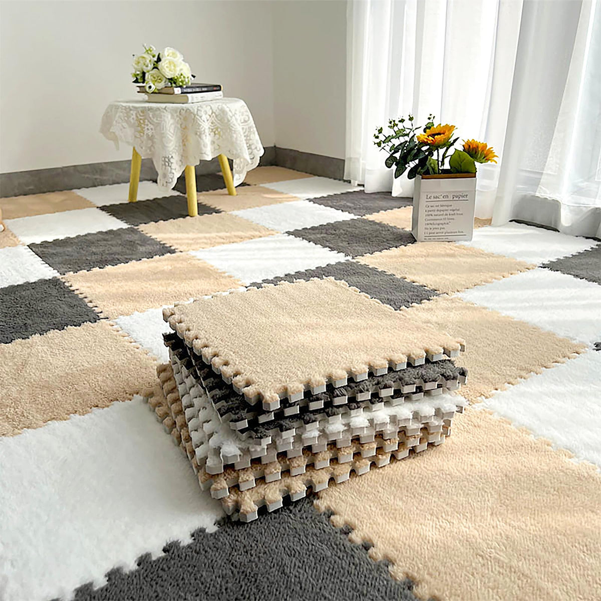 ZENOWICK plush interlocking tiles arranged in a nursery setup, cushioned and safe for play