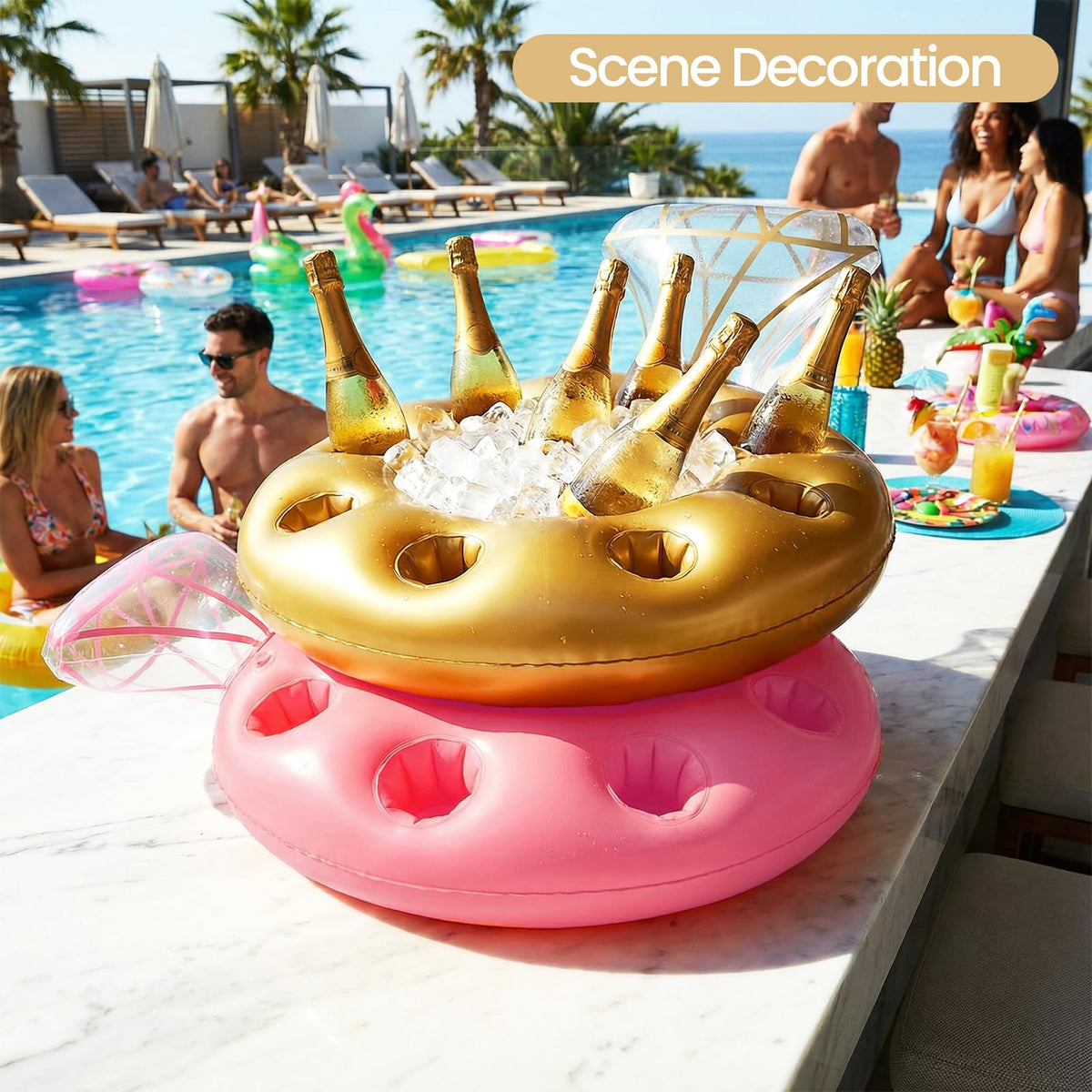 Zeraty pool bar diamond ring features eight cup holders for beverages on the water