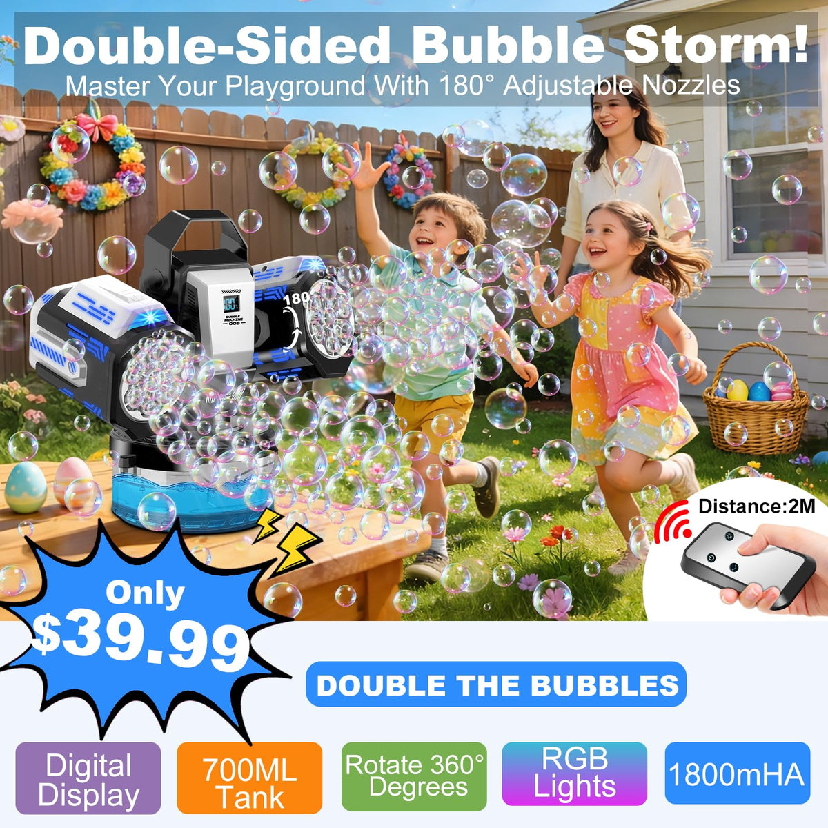 Zerhunt bubble storm delivers up to 30,000 bubbles per minute.