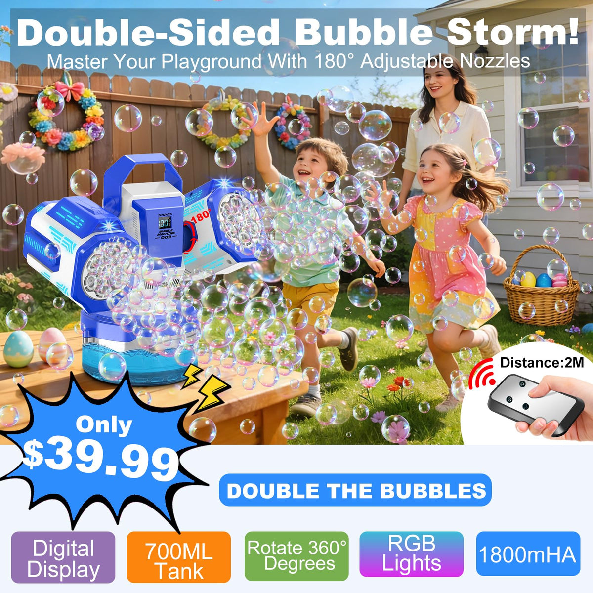 Zerhunt bubble machine offers 360-degree rotation for all-angle coverage.
