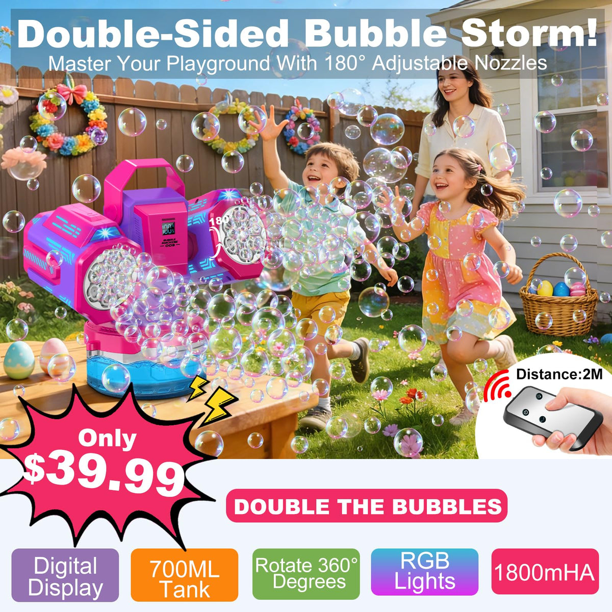 Zerhunt bubble machine 360-degree rotation showing wide coverage for outdoor events