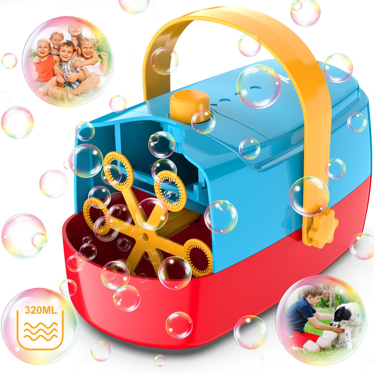 Zerhunt Bubble Machine with six wands creating vibrant party bubbles