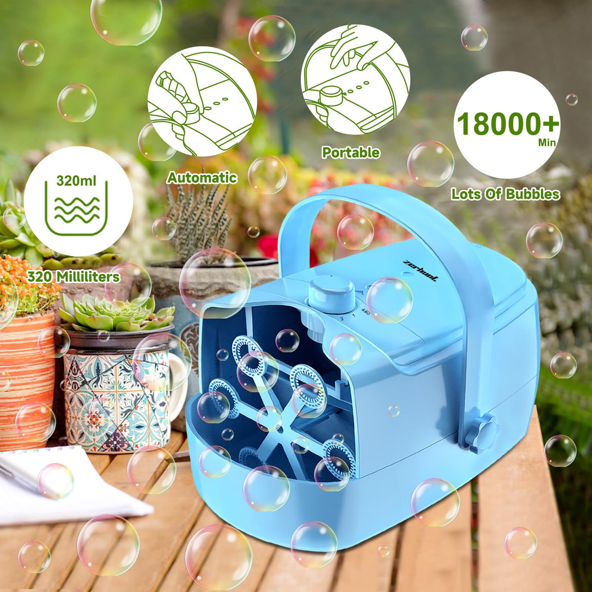 Zerhunt Bubble Machine with auto-stop safety feature for kid-friendly use