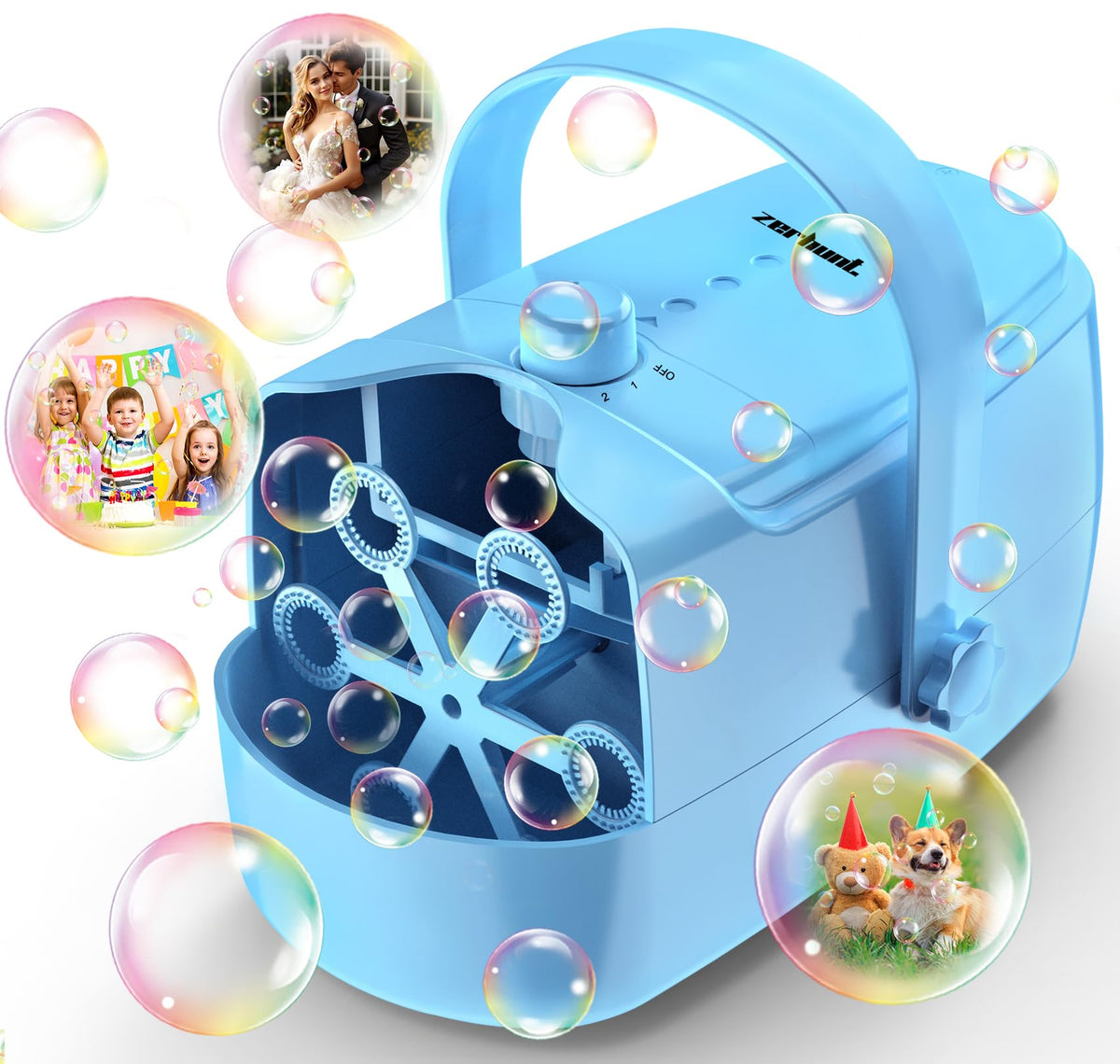 Zerhunt Bubble Machine emitting a high-output bubble stream at an outdoor party