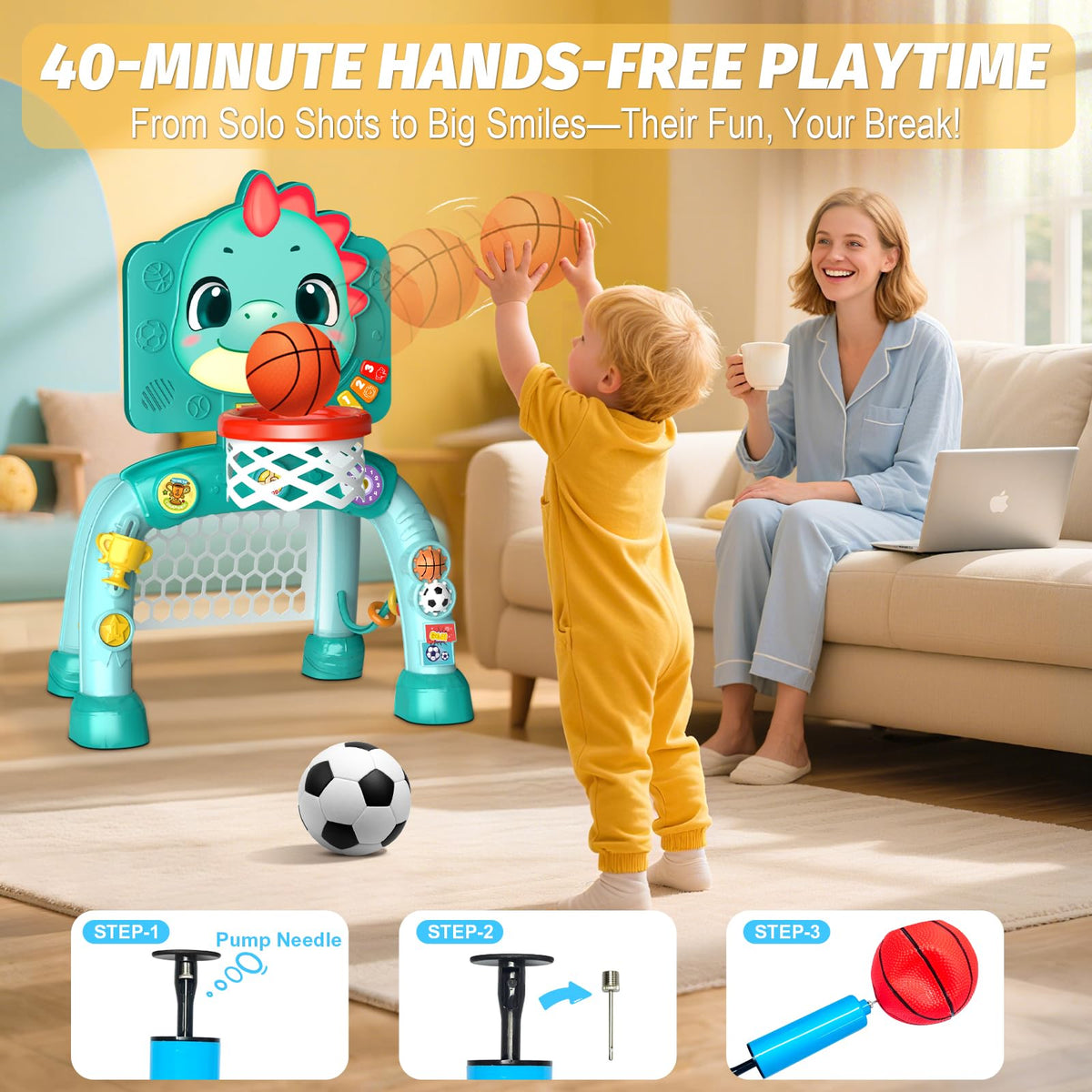 Zerhunt Dino Sports Center LED lights glow as kids score, inviting exploration
