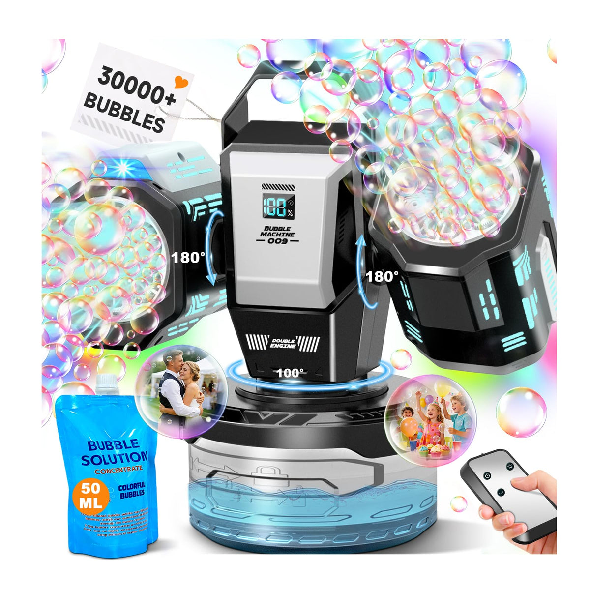 Zerhunt bubble machine front view with RGB lights for stunning party ambiance.