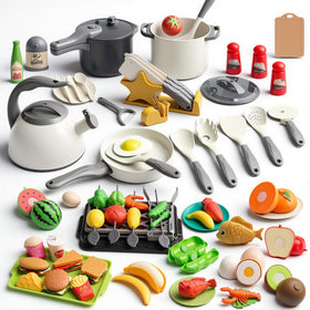 Zero Zoo 105Pcs kitchen toy set with pots and pans for creative pretend cooking.