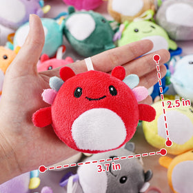 Zesua axolotl plush keychains on a backpack, adding color and charm.