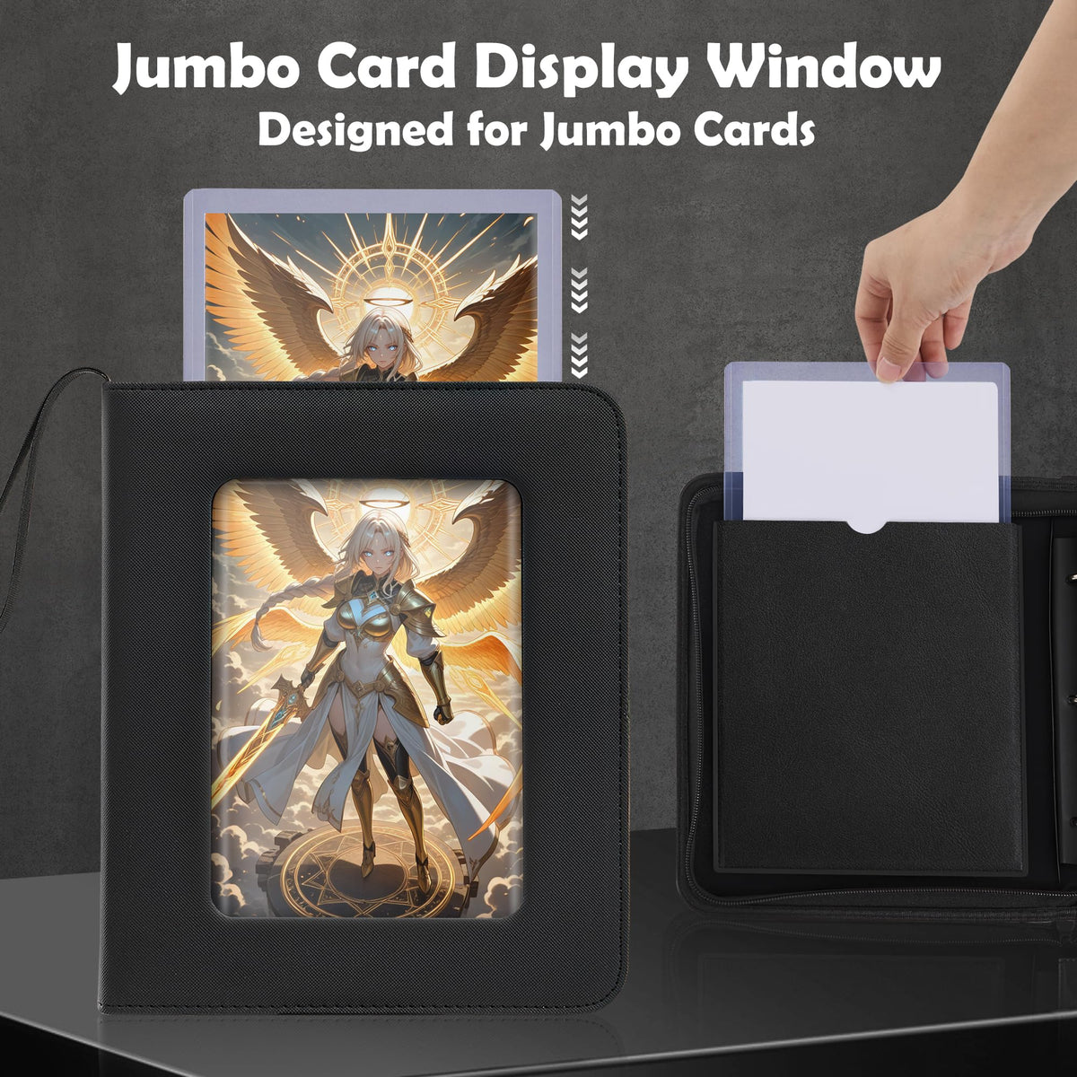 Inside pages keep L and XL jumbo cards flat and protected.