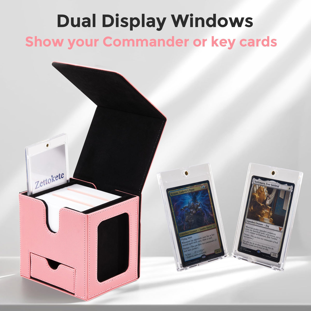 Zettokete MTG deck box shows 100-card capacity keeping double-sleeved decks organized