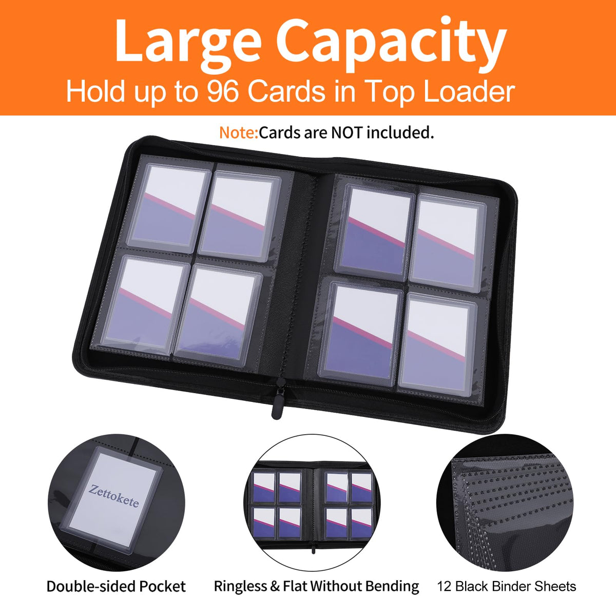 Zettokete Toploader Binder featuring 3x4 toploaders for safe storage.