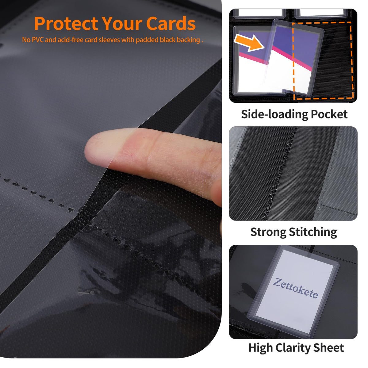 Zettokete Toploader Binder with secure zipper shields from dust and slips.