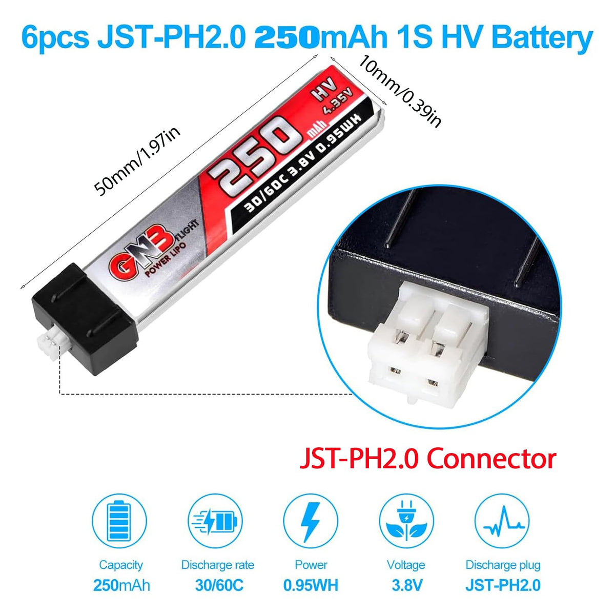 ZEVORO JST-PH2.0 connector close-up for quick FPV battery swaps.