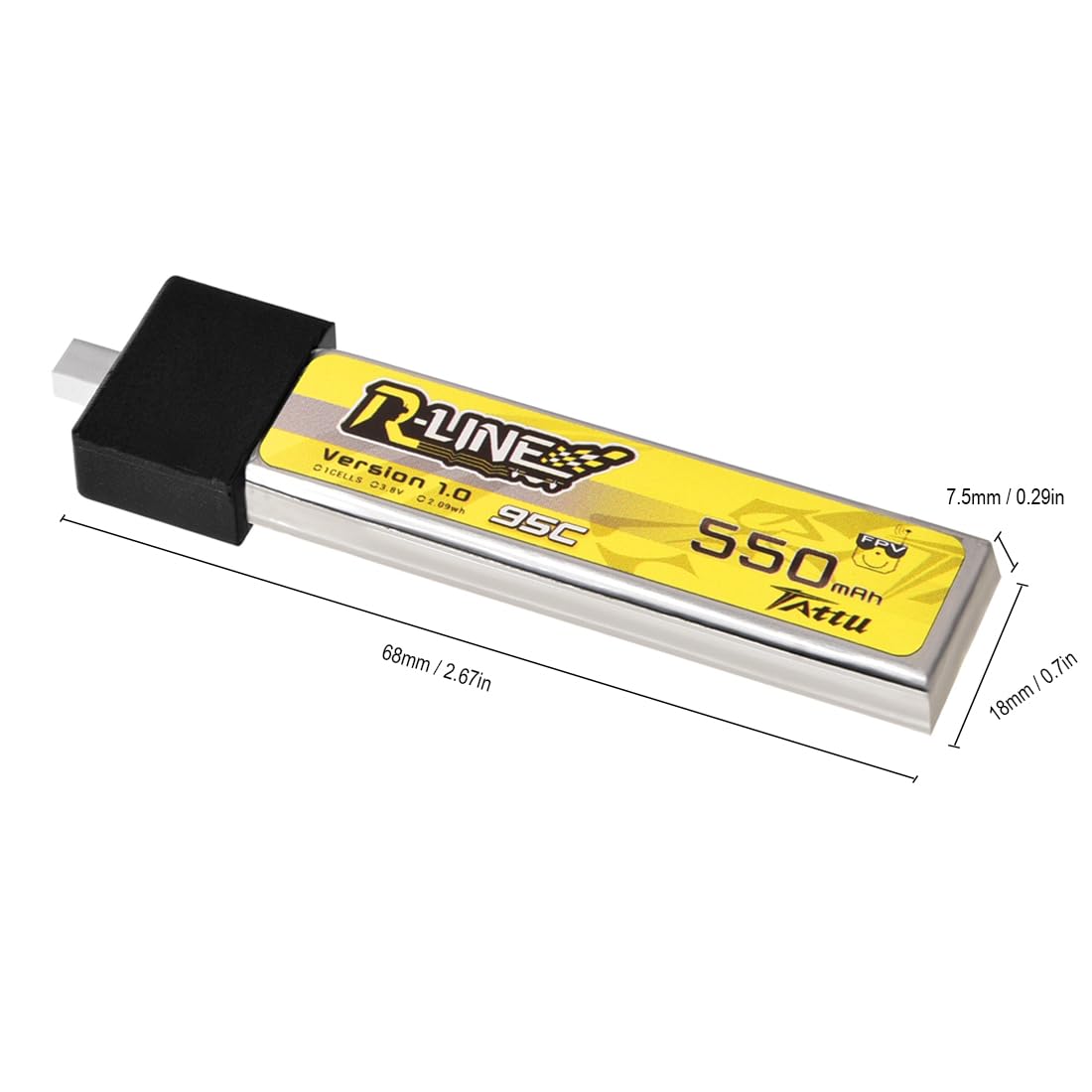 ZEVORO BT2.0 550mAh battery dimensions 71x16x6.7mm for slim profile