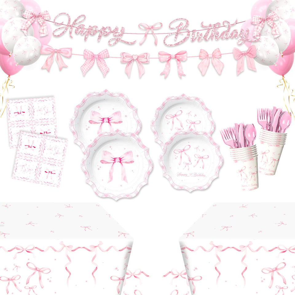 ZHBZPTY Coquette pink bow plates for 24 guests, elegant party centerpiece and cleanup.