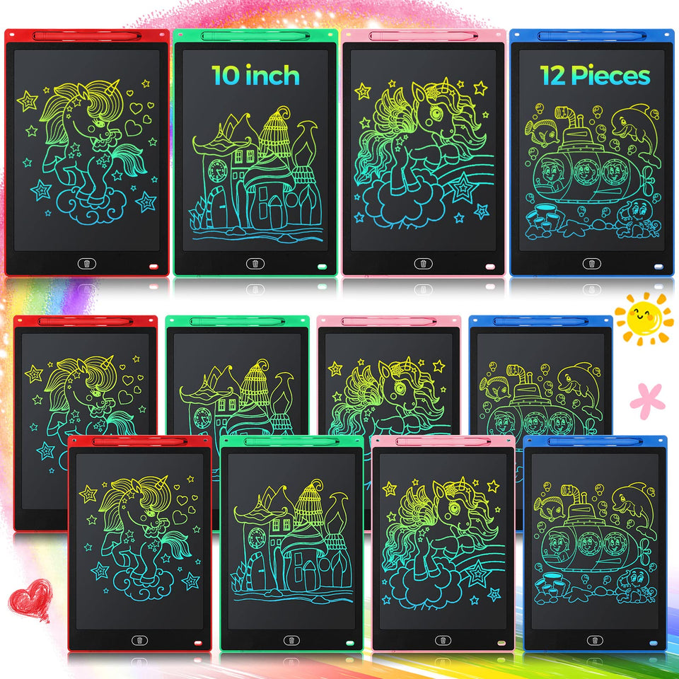 Zhehao 12-pack LCD writing pad for kids, colorful doodling on a 10-inch screen for creative play.