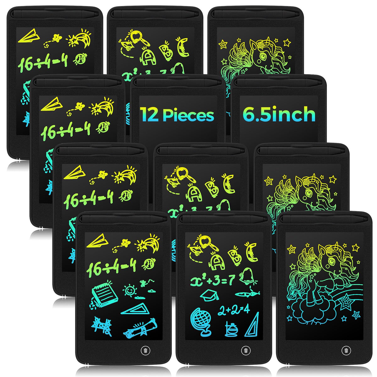 The Zhehao 12-pack LCD writing tablets for kids, black set, shareable drawing tools.