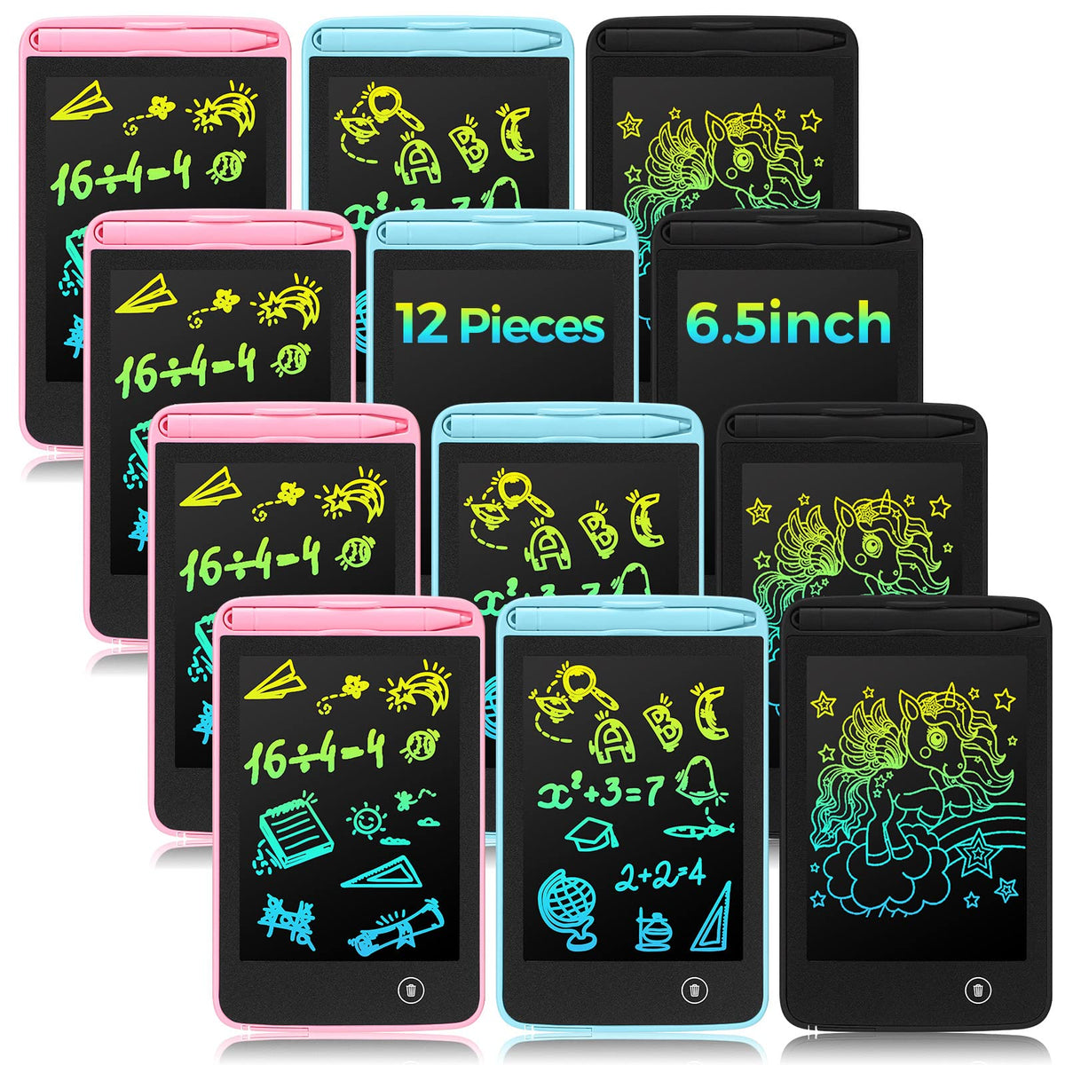 Zhehao 12-piece LCD writing tablets set with blue, pink, and black cases for sharing and learning.
