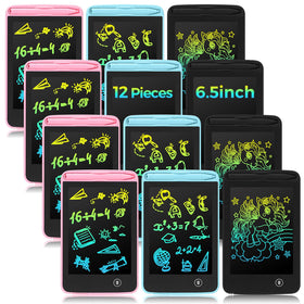 Zhehao 12-piece LCD writing tablets set with blue, pink, and black cases for sharing and learning.