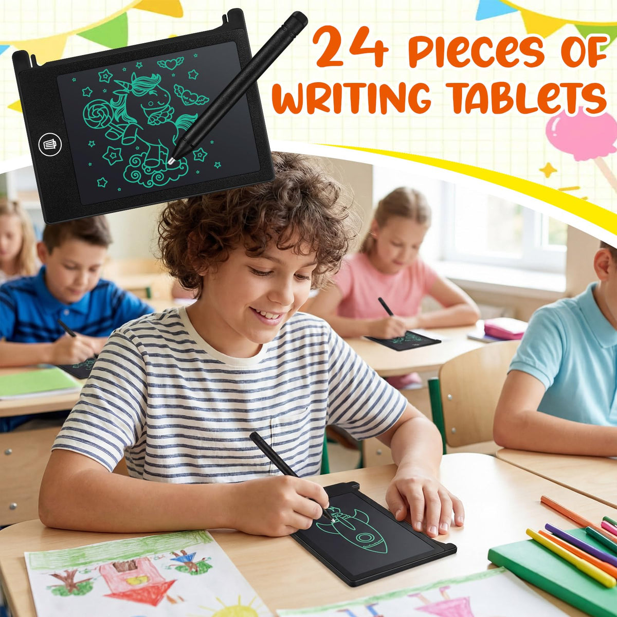 Zhehao 24-pack LCD mini writing tablet back view with accessible battery