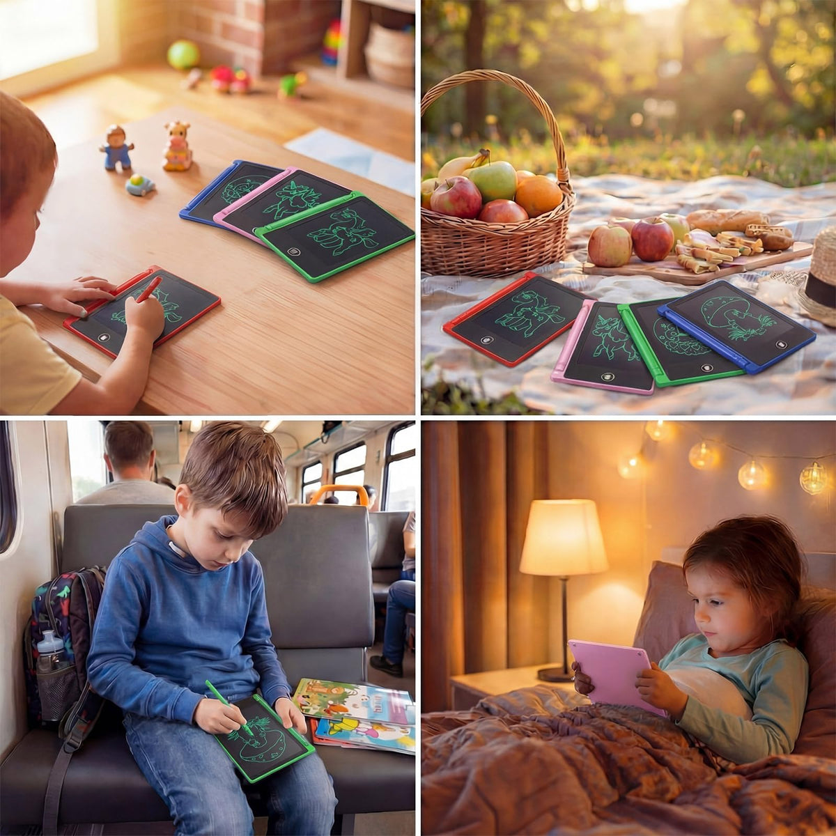 Zhehao LCD mini writing tablet in use by a child during travel.