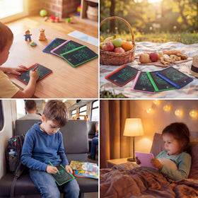 Zhehao LCD mini writing tablet in use by a child during travel.