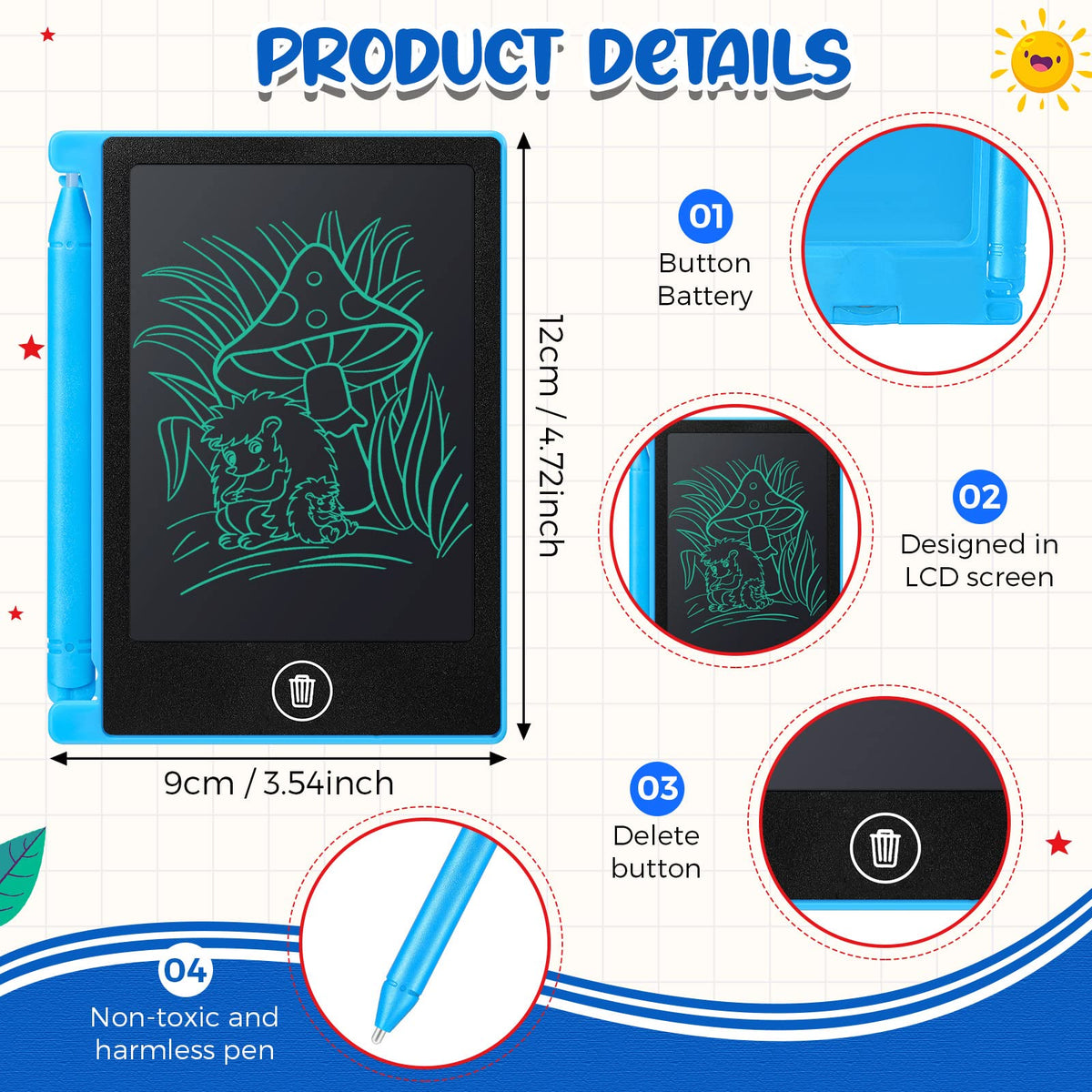 Zhehao 24-pack LCD mini writing tablet black front for travel and quiet drawing.