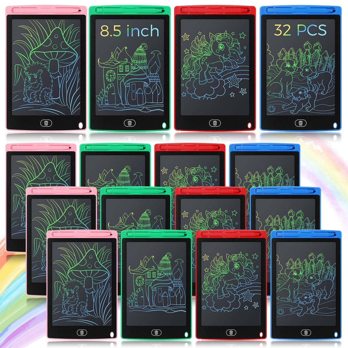 Zhehao 32-pcs LCD doodle tablets set offers colorful drawing fun for kids.