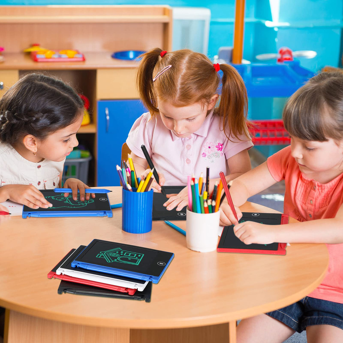 Zhehao child using tablet encourages creative drawing and learning.