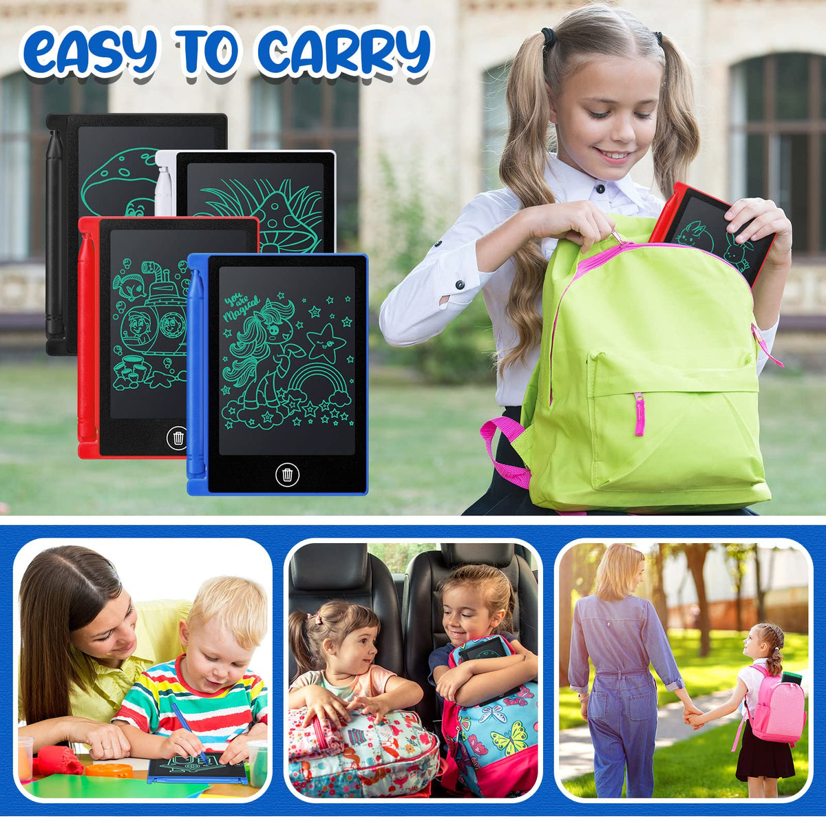 Zhehao LCD tablet ideal for car or airplane activities.