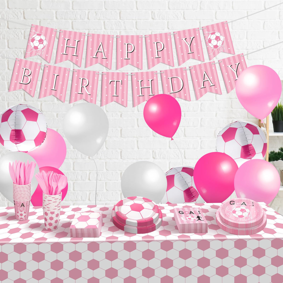 Zhehao banner and balloons add festive soccer-themed decor