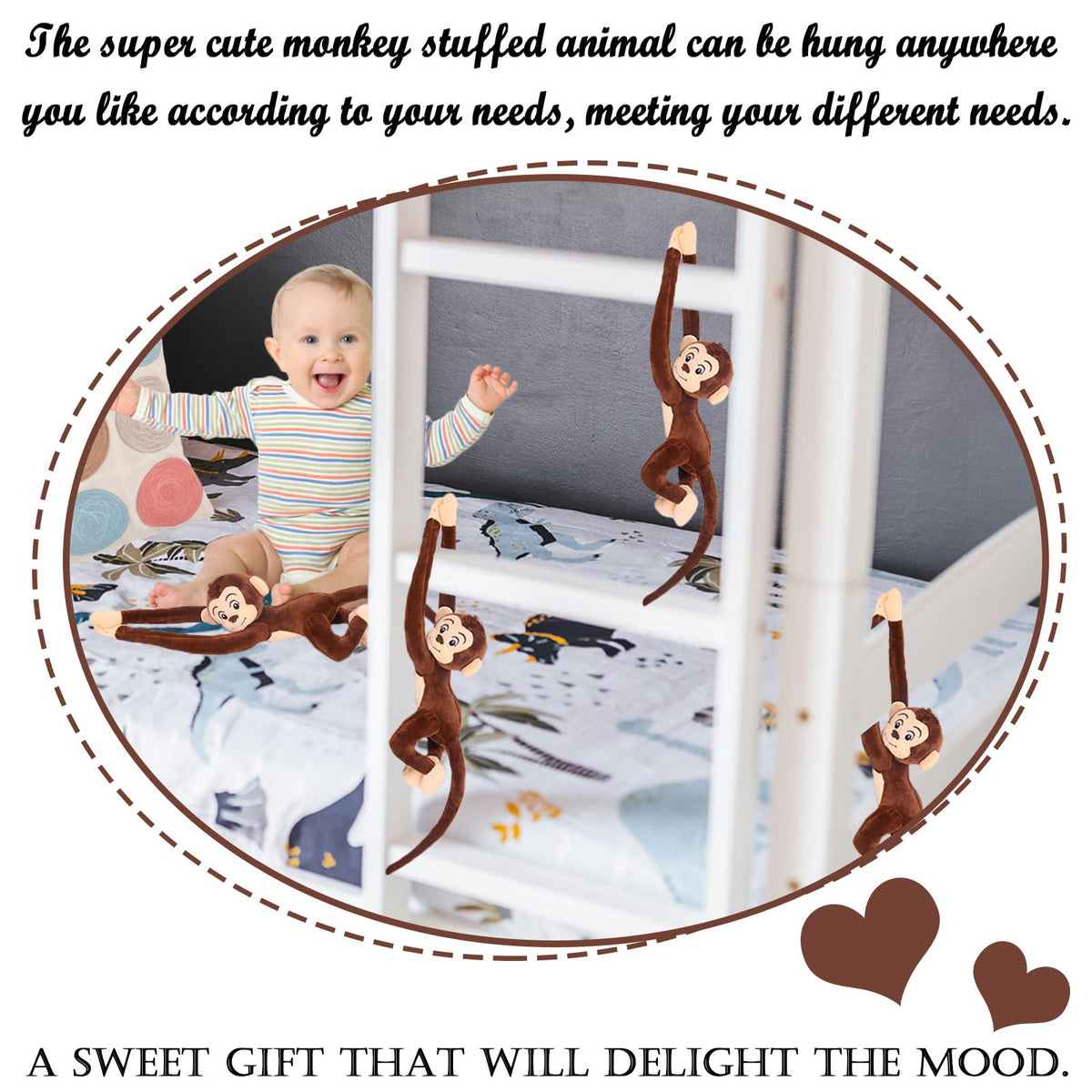 Zhidiloveyou hanging monkey plush in a bedroom setup for cozy decor