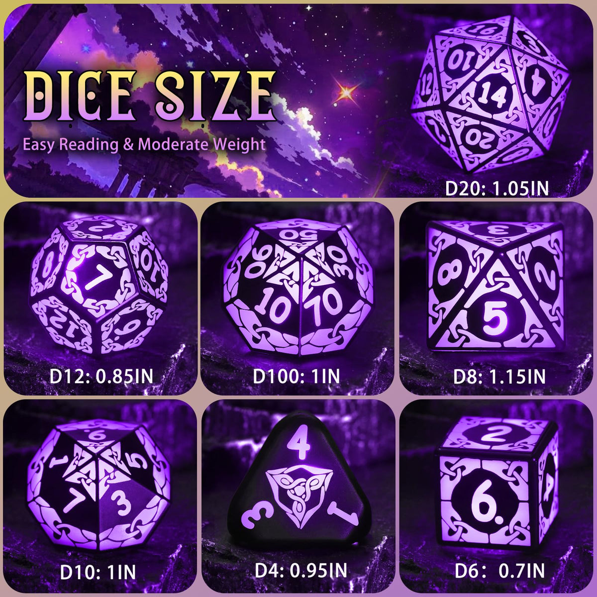 ZHOORQI light-up dice shown in transparent charging case