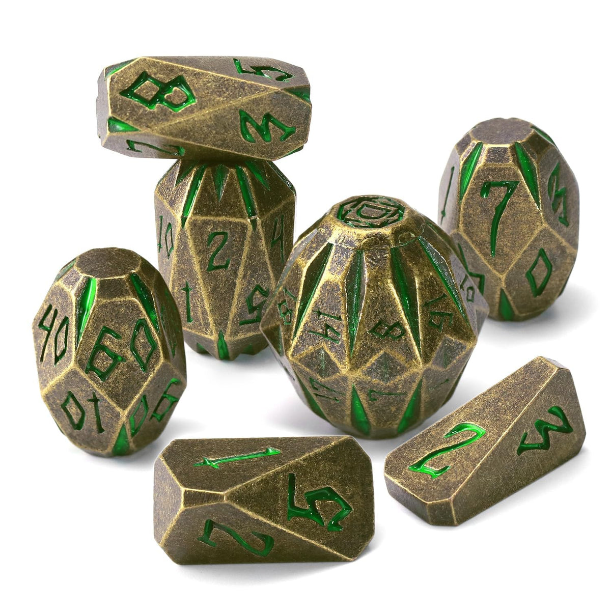 ZHOORQI DND metal dice set; bronze-green texture enhances immersive RPG sessions.