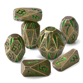 ZHOORQI DND metal dice set; bronze-green texture enhances immersive RPG sessions.