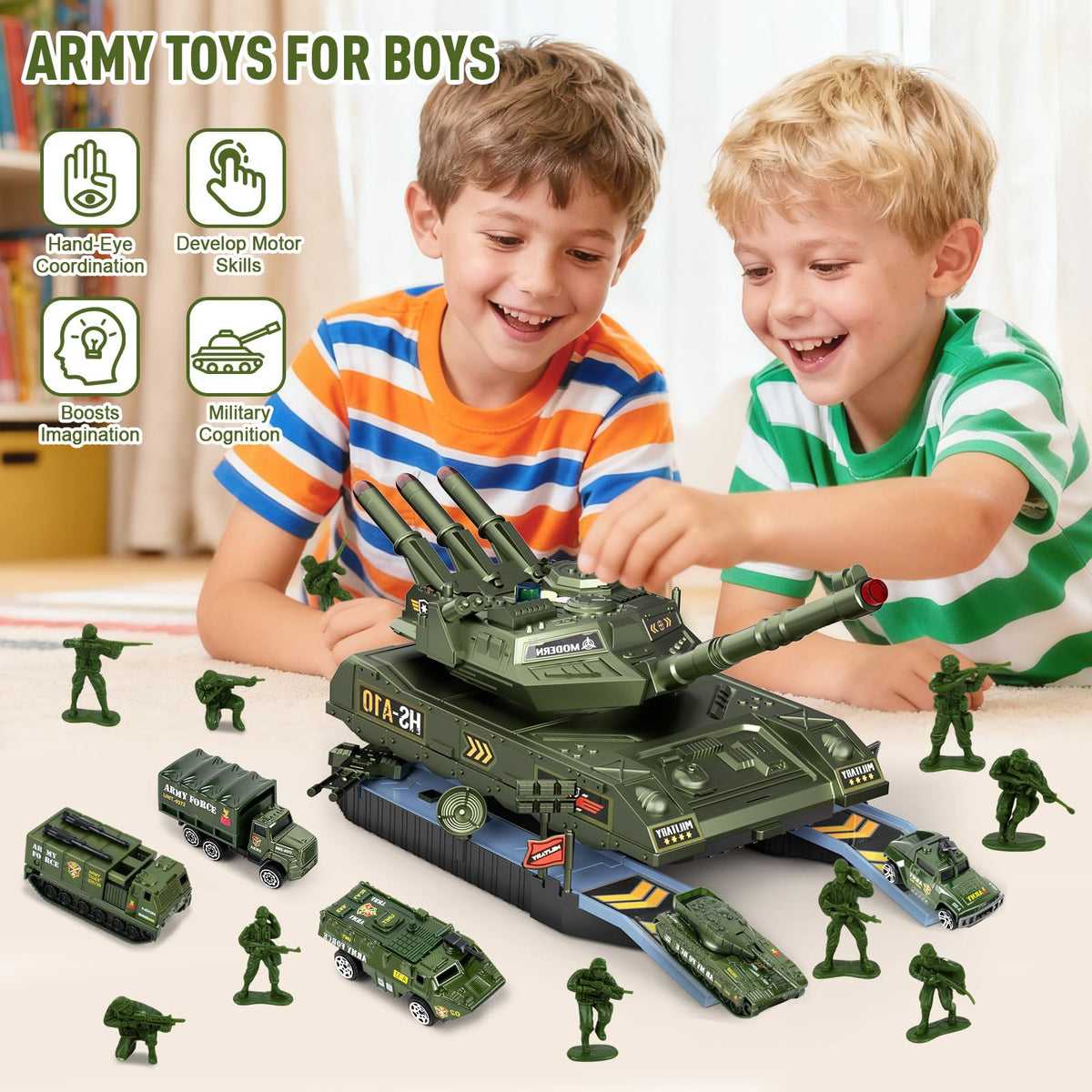 ZHYLLO army tank toy set turret buttons highlight realistic sound effects for active role-play.