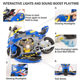 ZHYLLO motorcycle toy with LED lights and exhaust spray for dynamic play