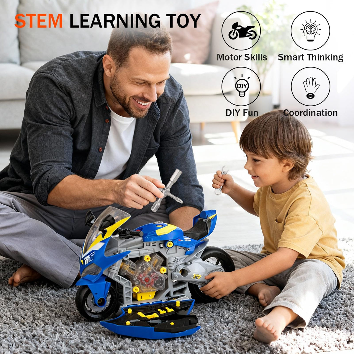 ZHYLLO take-apart motorcycle toy see-through engine shows pistons during play